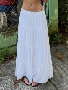 Women's Solid Frill Trim Elastic Waist A Line Skirt, Boho Style Drop Waist Long Skirt for Beach Holiday Vacation, Ladies Summer Clothes