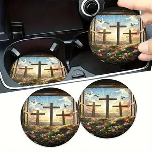 2pcs-"Tranquil Crosses", Absorbent Car Cup Holder Coaster - car interior accessories, car water coasters and home desk coasters, Christmas gifts Halloween gifts birthday gifts party gifts.,  Stylish Accessory, Tranquil Cross Design, Durable Material