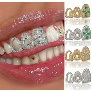 1pc Luxurious Hip Hop Grillz Set - Sparkling Green & Clear Cubic Zirconia, Copper with Heart-Shaped Teardrop Design for Men and Women