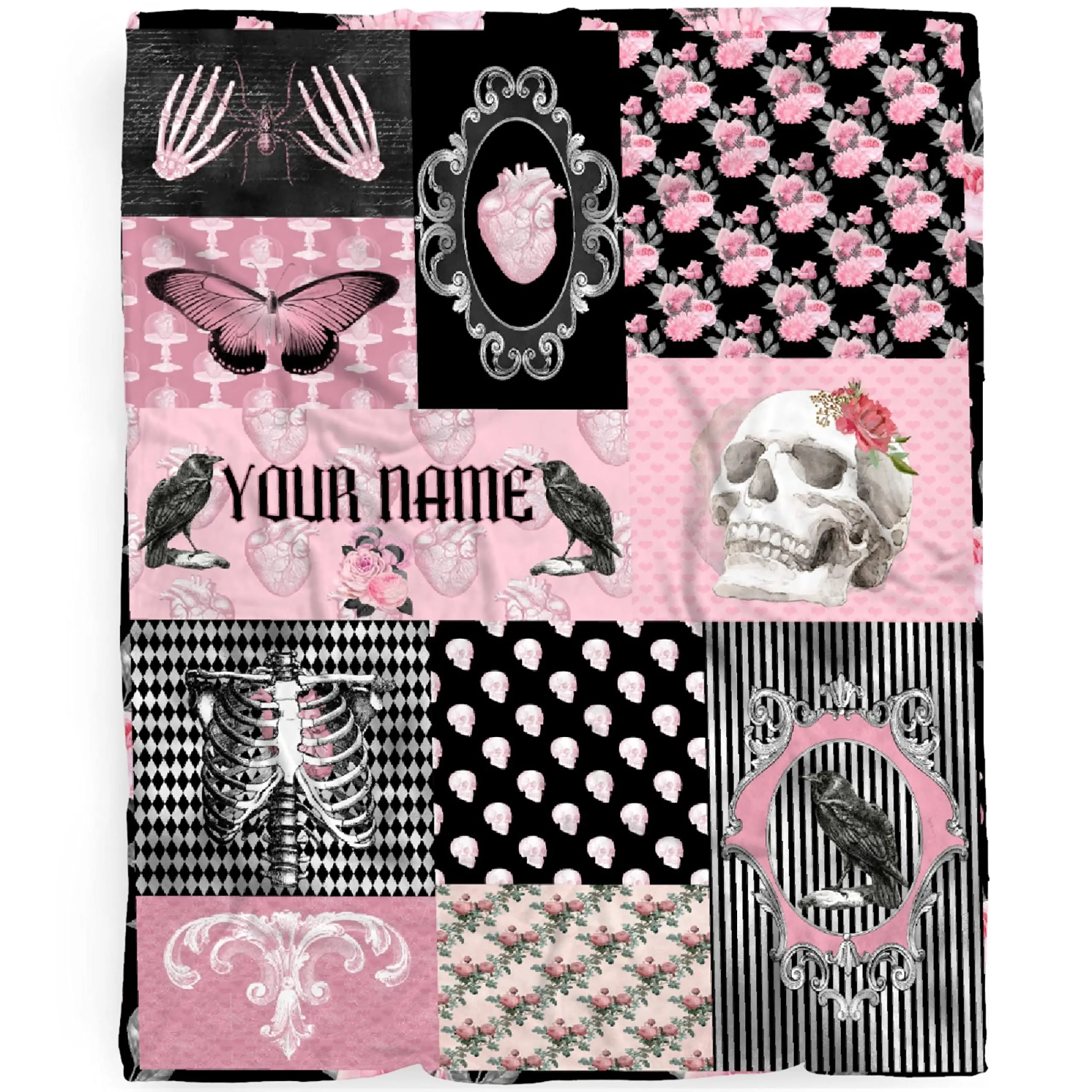 Retro Gothic Flannel Weave Blanket - Skull Roses, Butterfly Skeleton Design, Ultra-Soft Fleece, All-Season Use, 60x50in Twin Size Bed Couch Cover, Collage Print