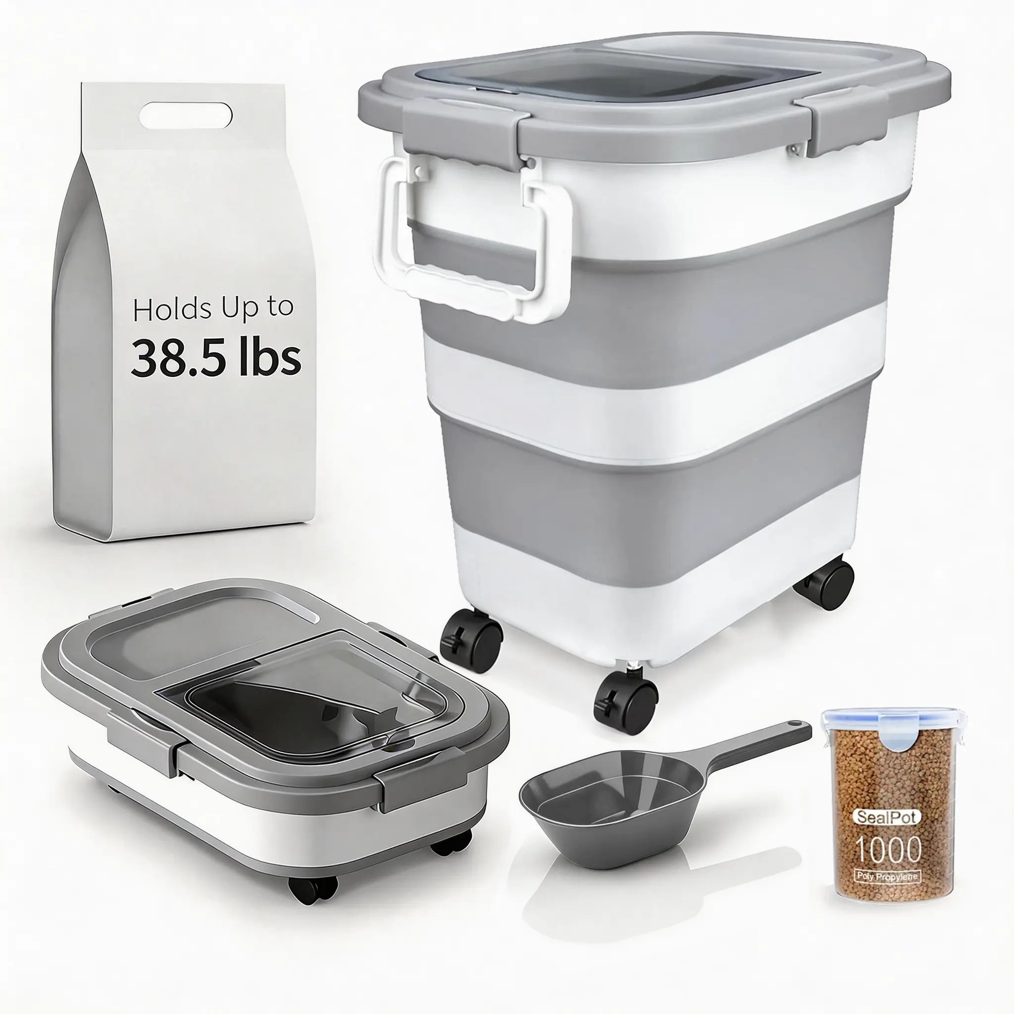 Large-Sized Airtight Pet Food Storage Container - Lockable Lid, Flexible Plastic Collapsible Polyethylene Bin (No Smart Devices) with Cup & Scoop for Dog/Cat Food, Rice Dispenser Bin