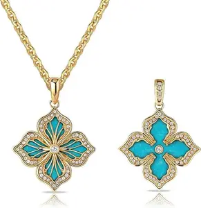 FetteroGold Four Leaf Clover Necklace for Women  Gold Plated Clover Pendant Necklace Double Side With Diamond Vintage Filigree Flower Necklace Gift