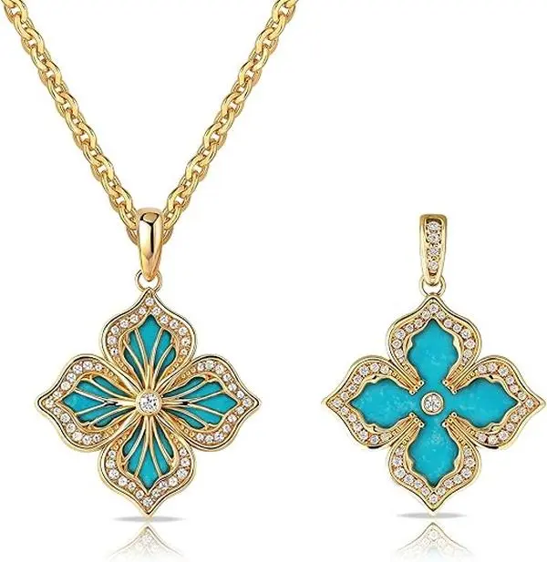 Fettero Gold-plated Four Leaf Clover Necklace for Women Gold-color Clover Pendant Necklace Double Side With Diamond Vintage Filigree Flower Necklace Gift Lucky Charm Turquoise Stone