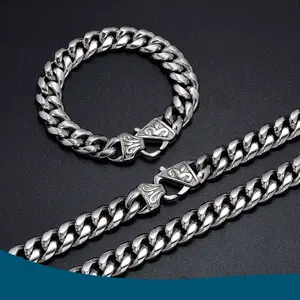 12mm Thick Silver Cuban Chain Miami Stainless Steel Necklace Bracelet with Design Clasp 7.5-30" - Chunky Miami Hip Hop Neck Chains for Men Jewelry
