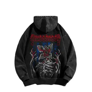 Stranger Things anime double-sided printed washed hooded sweatshirt, unisex, anime/manga style washed heavyweight cotton sweatshirt, made in the USA.