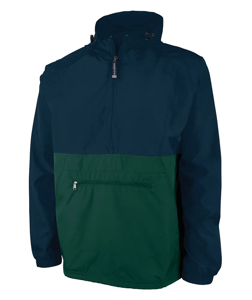 Charles River Apparel Men's Colorblock Pack-N-Go Hooded Crew Neck Jacket - Lightweight Half-Zipper Water-Resistant Anorak, Fashion Sporty Chic Athletic Pullover with Front Pouch Pocket, Elastic Fitted Long Sleeve Casual Menswear Top for Outdoor Use