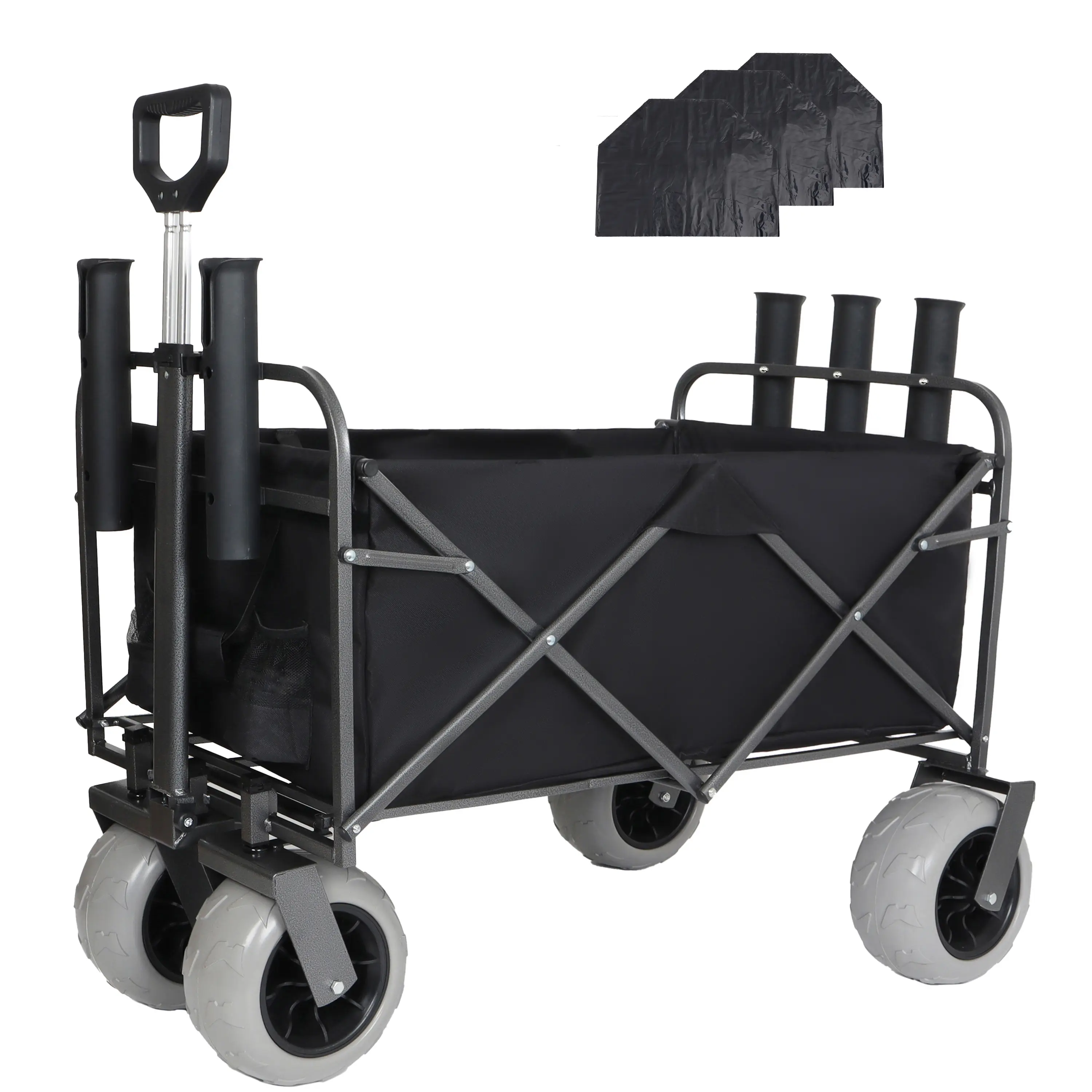 Donext Folding Steel Frame Utility Cart - 500lbs Capacity All-Terrain Gardening Trolley with 9-Inch Diameter Pneumatic Tires, Rod Holders, 600D Oxford Fabric Black Waterproof Strap Bag Kit for Beach Trips, Camping