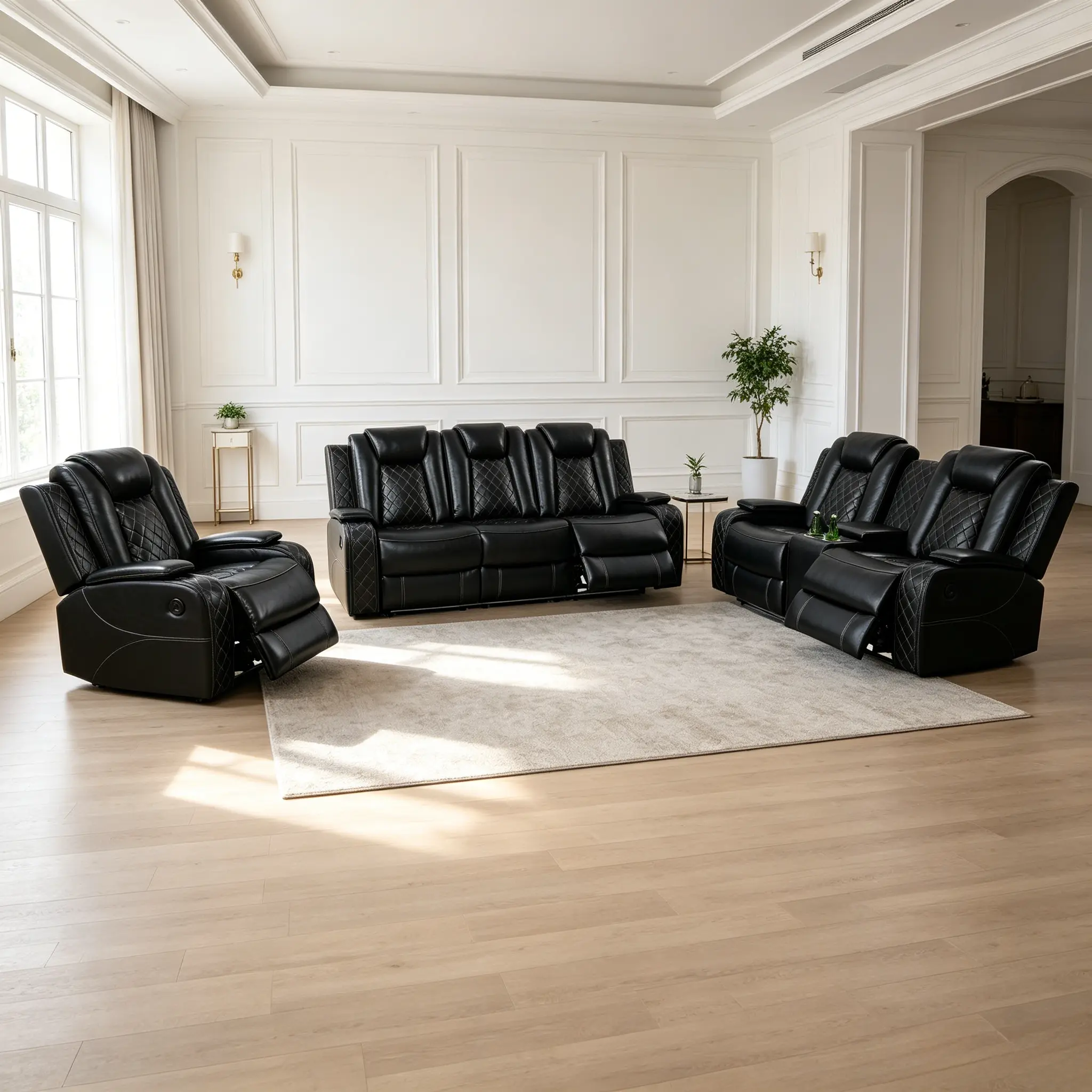 Classic Black Leather 3-Piece Power Reclining Sofa Set - Sturdy Reinforced Frame, Adjustable Arms, Wear-Resistant Stain-Proof Quick-to-Wipe-Clean Leather, High-Density Rebound Cushions, Assembly Required, for Family Comfy Couch Watch Parties