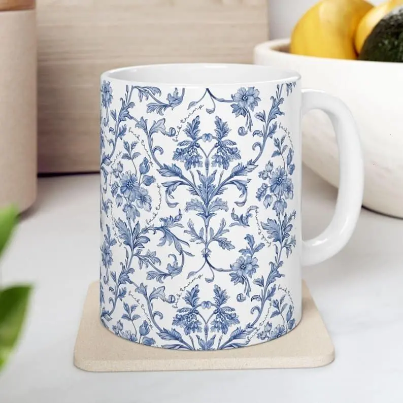 Glossy Classic Chinoiserie Ceramic Mug - Blue Floral Drinking Cup, Washable Reusable Coffee Tea Drinkware, Subtle Satirical Anti-Trump Feminist Gift