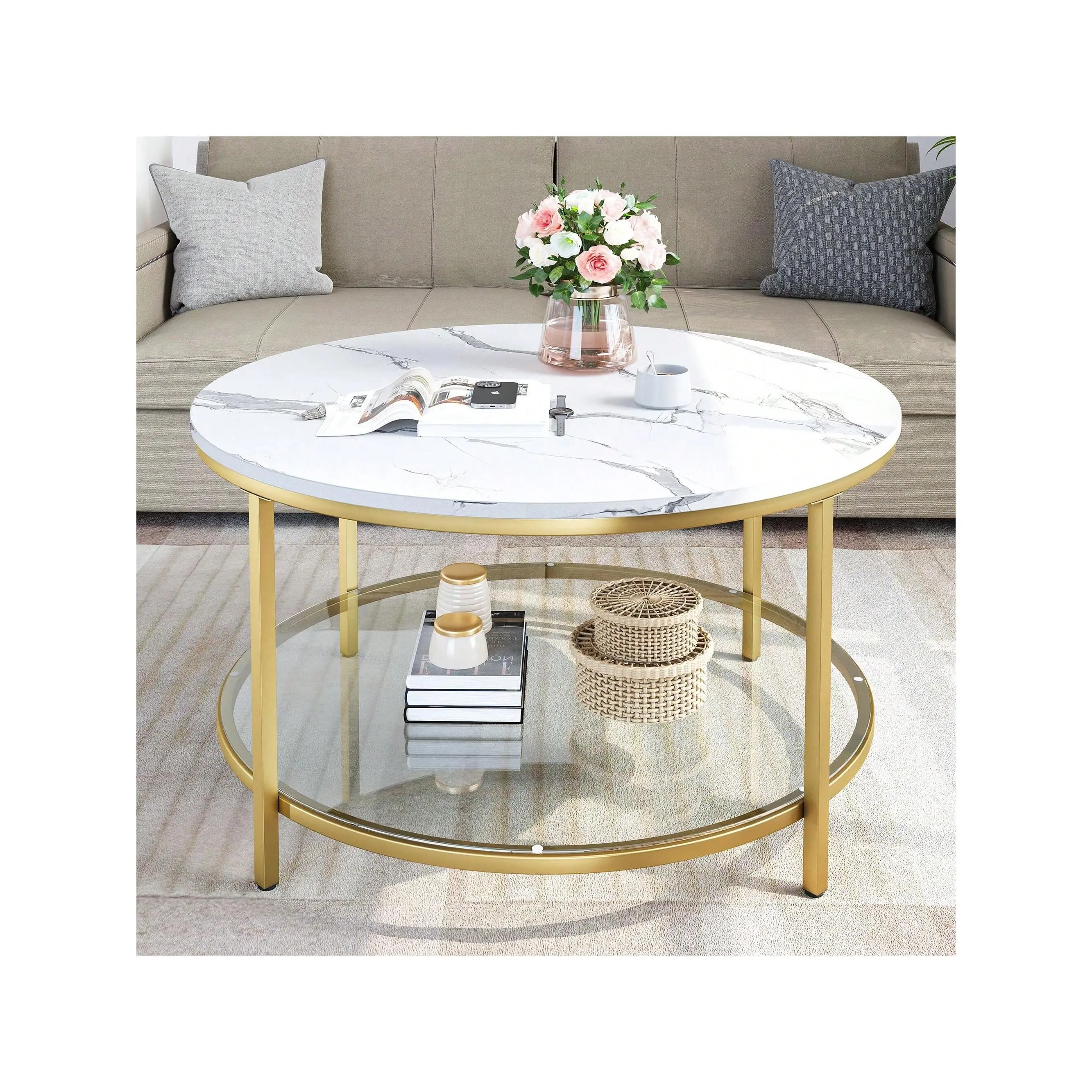 2 Tier Round Coffee Table Faux Marble Top With Glass Shelf Modern Center Cocktail Table For Living Room Indoor Furniture