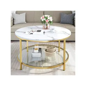 2 Tier Round Coffee Table Faux Marble Top With Glass Shelf Modern Center Cocktail Table For Living Room Indoor Furniture