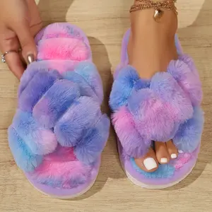 Women's Open Toe Slippers Fuzzy Fluffy House Slippers for Women Cozy Criss Cross Furry Slides Slippers