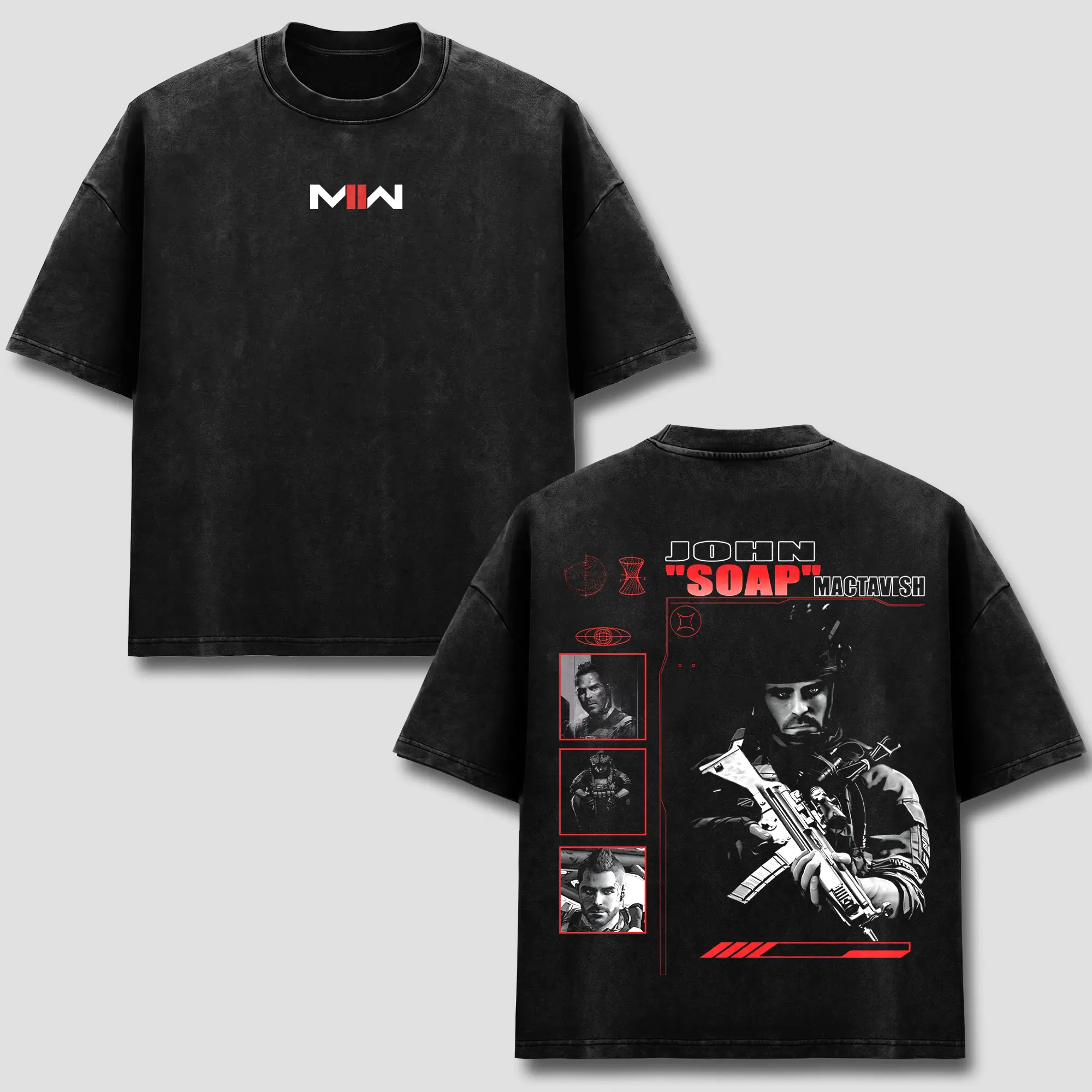 Call Of Duty MWII T-Shirt, John Soap MacTavish Graphic Tee, Tactical Operator Red Logo Front Chest Back Print, Vintage Black Wash Heavyweight Cotton, Oversized Drop Shoulder Streetwear, FPS Military Gaming Fan Apparel