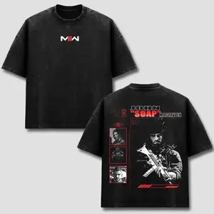 Call Of Duty MWII T-Shirt, John Soap MacTavish Graphic Tee, Tactical Operator Red Logo Front Chest Back Print, Vintage Black Wash Heavyweight Cotton, Oversized Drop Shoulder Streetwear, FPS Military Gaming Fan Apparel