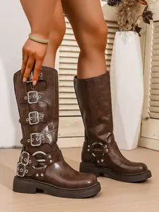 Motorcycle Boots Women Thick Sole Anti-Slip Daily Wear, American Vintage Style Mid-Calf Boots with Multiple Buckles