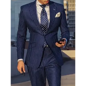 Men'S Suit 2pcs Navy Blue Pinstripe Blazer And Pants Formal/Casual Wear