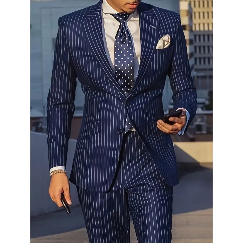 Men'S Suit 2pcs Navy Blue Pinstripe Blazer And Pants Formal/Casual Wear