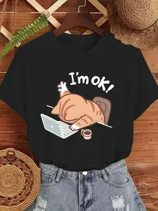 100% Cotton Fashionable "I'm Fine" Cat Print T-Shirt for Women, Casual Round Neck Short Sleeve Tee, Machine Washable, Perfect Choice for Spring and Summer