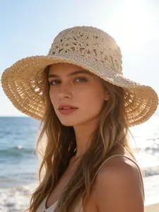 Handmade Crochet Hollow Straw Hat, Summer Breathable Sun Protection Fisherman Cap, Foldable Portable Vacation Hat for Women