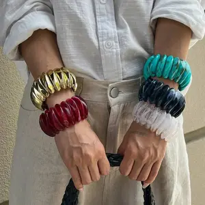 IngeSight.Z Vintage Boho Colorful Resin Bracelet Acrylic Smudging Bangles Women Fashion Geometric Irregular Wide Bangle Jewelry