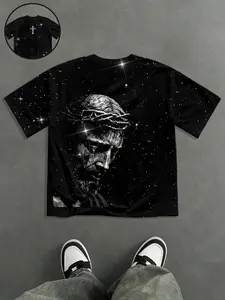 Men's Loose Fit Casual Printed Fashion Print T-Shirt, Silver Color Rhinestone Craft, Religious Jesus Pattern, Casual Daily Wear, Unisex Street Style Streetwear