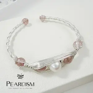 PEARLISM Seedless Freshwater Pearl & Strawberry Quartz Wire-Wrapped Cuff Bracelet | Gold/Silver Tone Handcrafted Statement Bangle-PSBG1308S/G