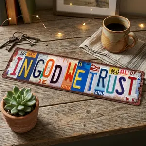 16x4 Inch Vintage Aluminium Metal Tin Sign - "In God We Trust" License Plate Art, Retro Patriotic Christian Wall Decor for Garage, Unique Religious Gift for Home Supplies