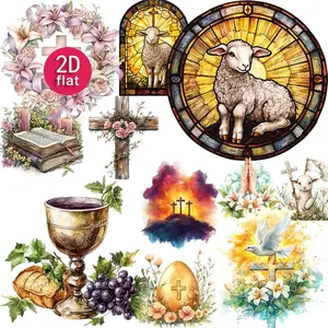 Easter Theme Sticker Set 2D Flat Decorative Stickers Religious Element Painted Patterns 20pcs Cross Sacred Goat and Wreath Designs Can Be Used for Journal and Photo Album Decoration
