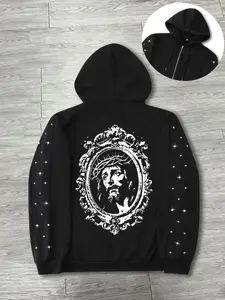 Men's Spring Fall Winter Hooded Sweatshirt, Zipper Cardigan Jacket, Jesus Religious Print + Studs, Street Style, All Seasons
