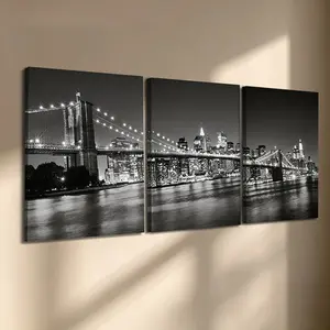 3 Pcs/Set Wooden-Framed Canvas Painting, Black & White Brooklyn Bridge Night Skyline Triptych Canvas Wall Art, NYC Cityscape Print for Living Room, Bedroom, Office Decoration, Modern Home Decor, Fashion Artistic Ornaments, Artwork