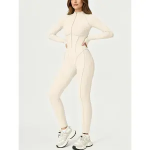 Women’s autumn–winter nude half-zip long-sleeve yoga jumpsuit, a high-intensity fitness sports jumpsuit suitable for workouts and everyday wear; workout jumpsuits