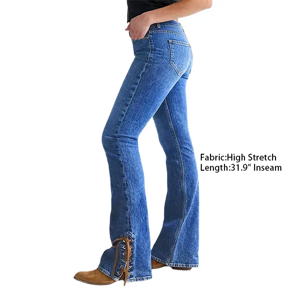 Flamingals Wash Grommet Eyelet Tie Mid Waist Flare Leg Jeans Flamingals Wash Grommet Eyelet Tie Mid Waist Flare Leg Jeans