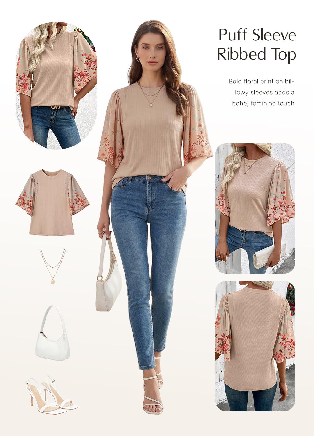 EVALESS Women's Boho T Shirts Tops Casual Loose Stretchy Ribbed Shirts Crew Neck 3/4 Sleeve Floral Print Patchwork Blouses 2026 Trendy Spring Summer Outfits SwimWeek