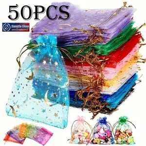 50-Pack Moon & Star Pattern Mesh Candy Gift Bags, Multicolor Drawstring Storage Pouches, Transparent Organza-Style Packaging Bags, Random Mixed Colors, Suitable for Wedding Parties, Valentine’s Day, Christmas, Halloween, Thanksgiving & Holiday Gift Wrappi