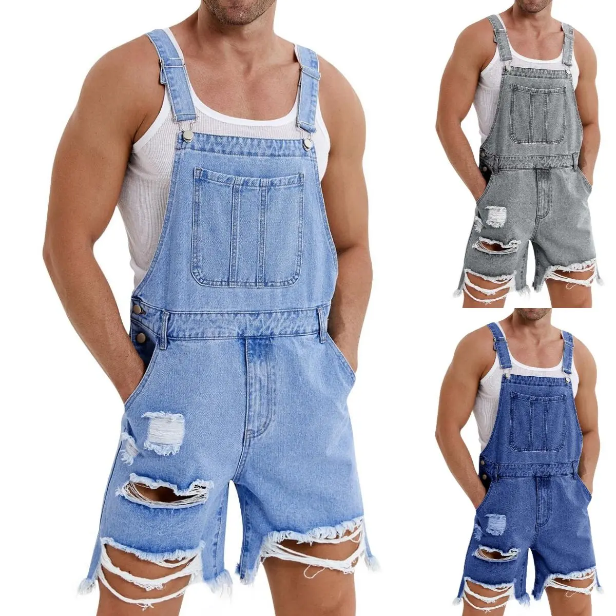 PASLTER Mens Denim Shorts Bib Overall Jean Romper Casual Loose Fit Walkshort Button Pockets Summer Jumpersuit