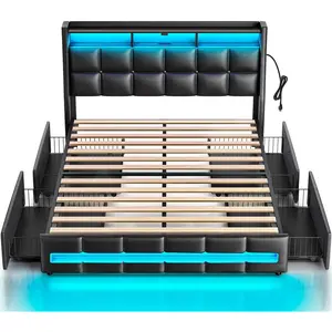 Cyclysio Queen Bed Frame with Headboard and Storage, Upholstered Twin Bed Frame with Storage, Full Size Bed Frame with 4 Drawers, Smart LED Bed Frame with Storage, NO Noise,No Box Spring Needed