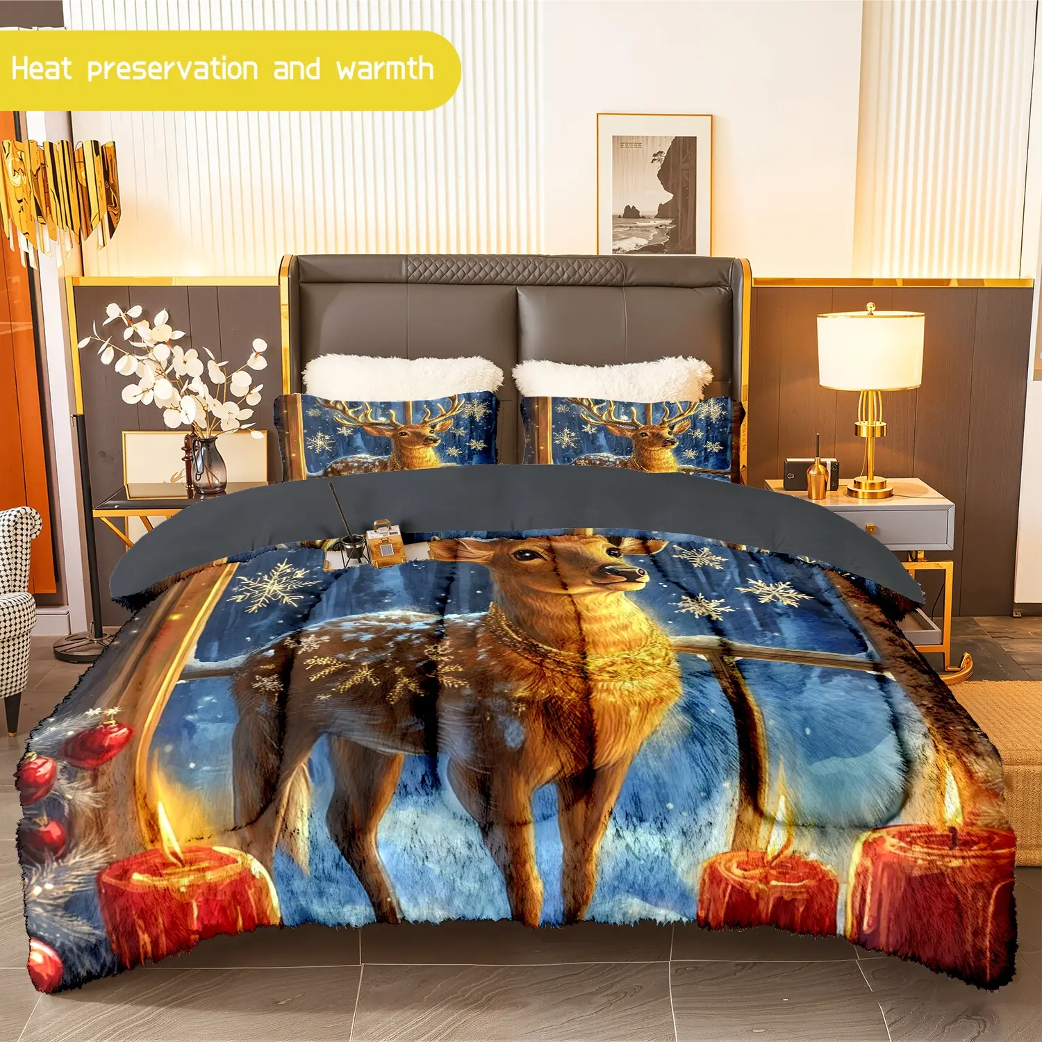 3pcs (1 comforter + 2 pillowcases) Christmas Reindeer Flannel and Milk Velvet Comforter Set, Soft Warm Bedding Set for Adults, Cozy Plush Quilt Set, Trendy Winter Bedding Essentials