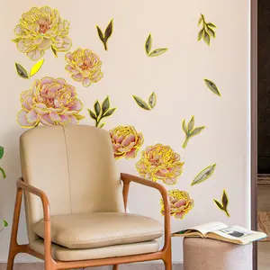 One Set of Hot Stamping Pink Peony Wall Stickers (30*60cm), Light Luxury and Gentle Style, Self-Adhesive Wall Decor Stickers for Bedroom Dressing Table