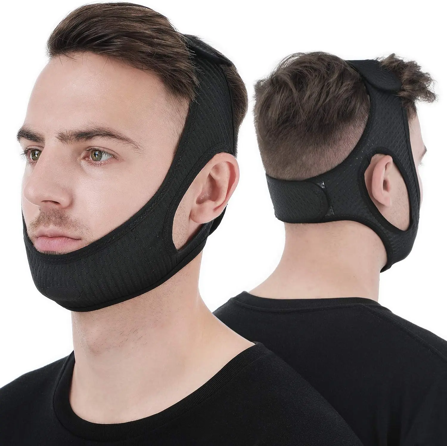 Lightweight Skincare Anti Snore Chin Strap, Snoring Solution Effective, Adjustable and Breathable Stop Snoring Head Band for Men Women, Comfort Black