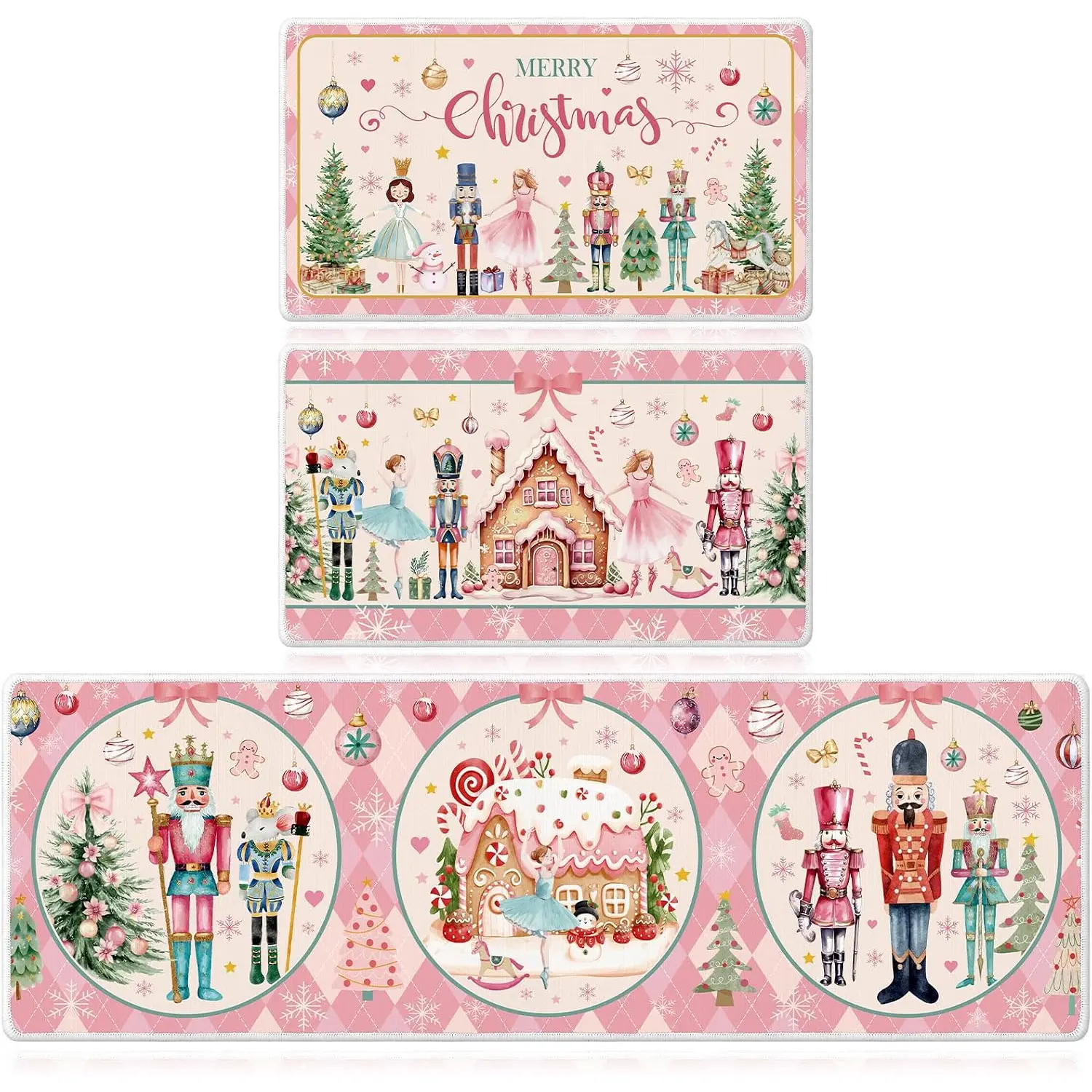 Christmas Nutcracker Mats, 3PCS Pink Nutcracker Door Mats Decor Non Slip, Xmas Washable Rugs and Mats Set for Home Entryway Decor(16 X 28 + 16 X 47 Inches)