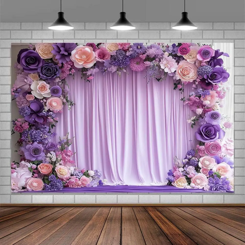 7x5ft Purple Flower Wall Background Photography Lavender Backdrop For Parties Wedding  Birthday Princess Weeding Bridal Shower Floral Anniversary Ceremony Decor.