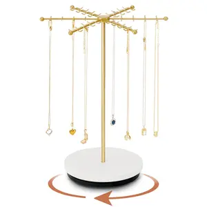 Necklace Holder Organizer with 48 Jewelry Holder Hooks, Rotating Design, Solid Wood Base, Ideal for Gift and Vanity Display