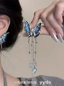 Silver Color Liquid Butterfly Asymmetric Fringe Earrings, Lightweight Luxury Design, Sweet Cool Style, Unique Fashion Ear Cuffs