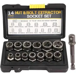 14-Piece Impact Bolt & Nut Remover Set, 3/8"Bolt Lug Nut Extractor Socket Tool Set, Damaged Bolt Nut Remover with Hex Adapter for Removing Stripped, Damaged, Rounded off and Rusted Bolts & Nuts