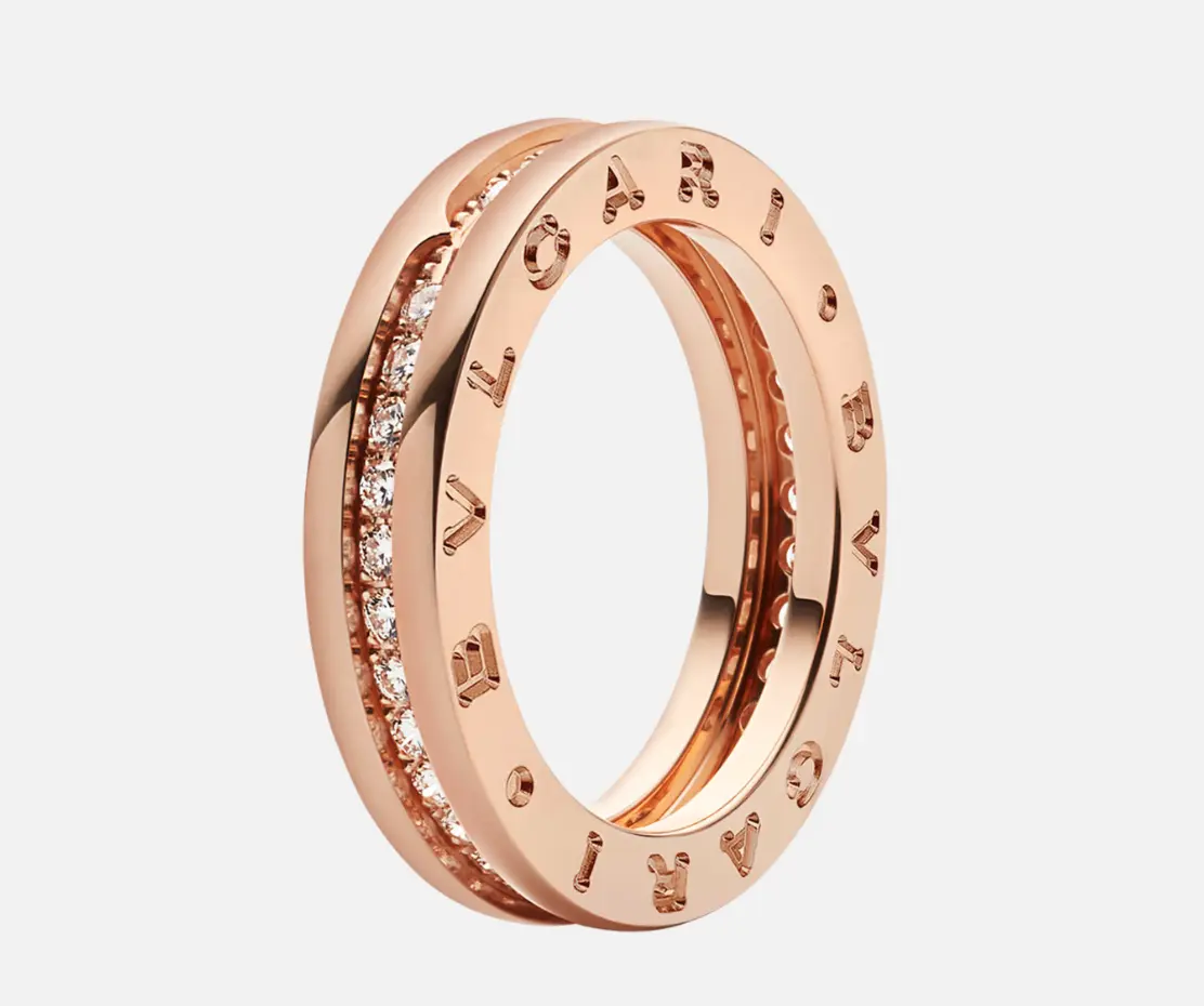 Pre-owned Bvlgari B.zero1 Ring 18 kt Rose Gold, Pavé Dias on Spiral, Size 51, 2019 Full Set