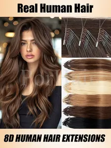 8D Micro Bead Human Hair Extensions Silicone Nano Ring Hair Extension Invisible Mini Silicon Beads Black Brown Blonde Human Hair 50 Strands/Pack Real Hair Extensions