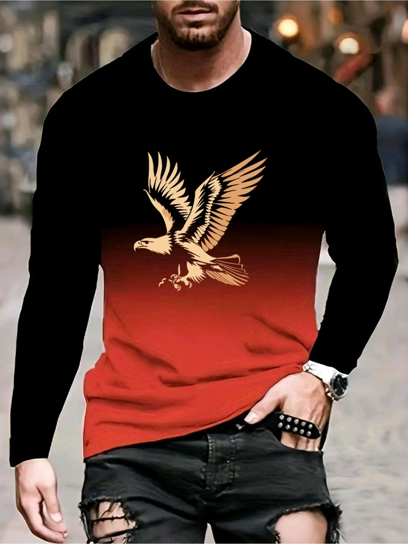 Men's 3D Gradient Eagle Pattern Long Sleeve Crewneck T-Shirt, Casual Streetwear Fitted All over Print, Long Clothing, All Seasons Wear, Menswear Graphic
