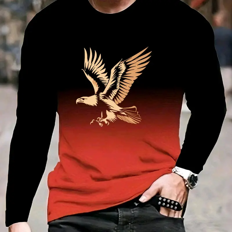 Men's 3D Gradient Eagle Pattern Long Sleeve Crewneck T-Shirt, Casual Streetwear Street Fashion Graphic Fitted All over Print, Long Clothing, All Seasons Wear, Menswear Graphic Artwork Tee