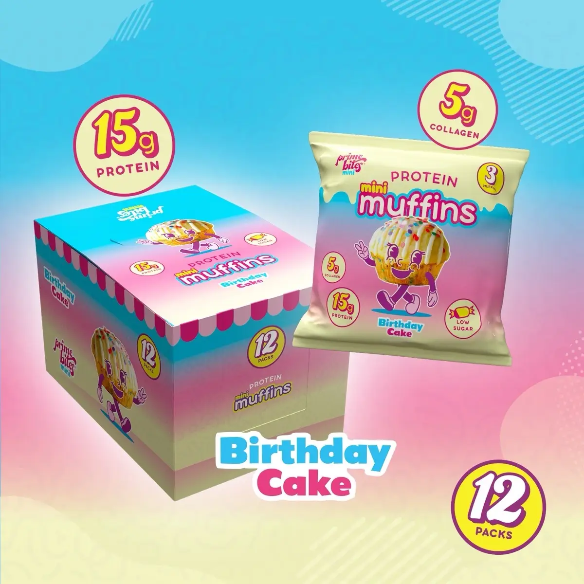 Birthday Cake Prime Bites Protein Mini Muffins - 15g Protein, Low Sugar, 5g Collagen
