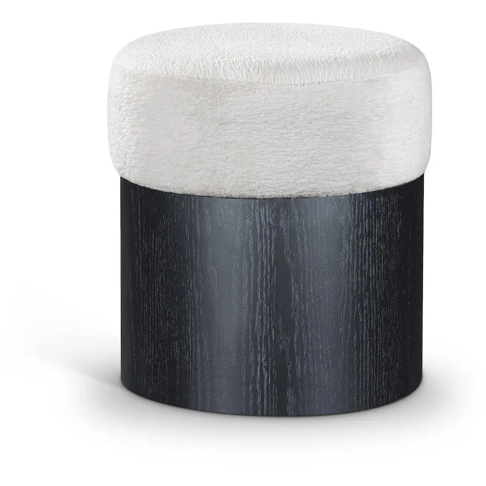 Cylindrical Nimes Cream Velour Fur Fabric Ottoman-Stool, Black Footrest with Inviting Texture for Extra Seating